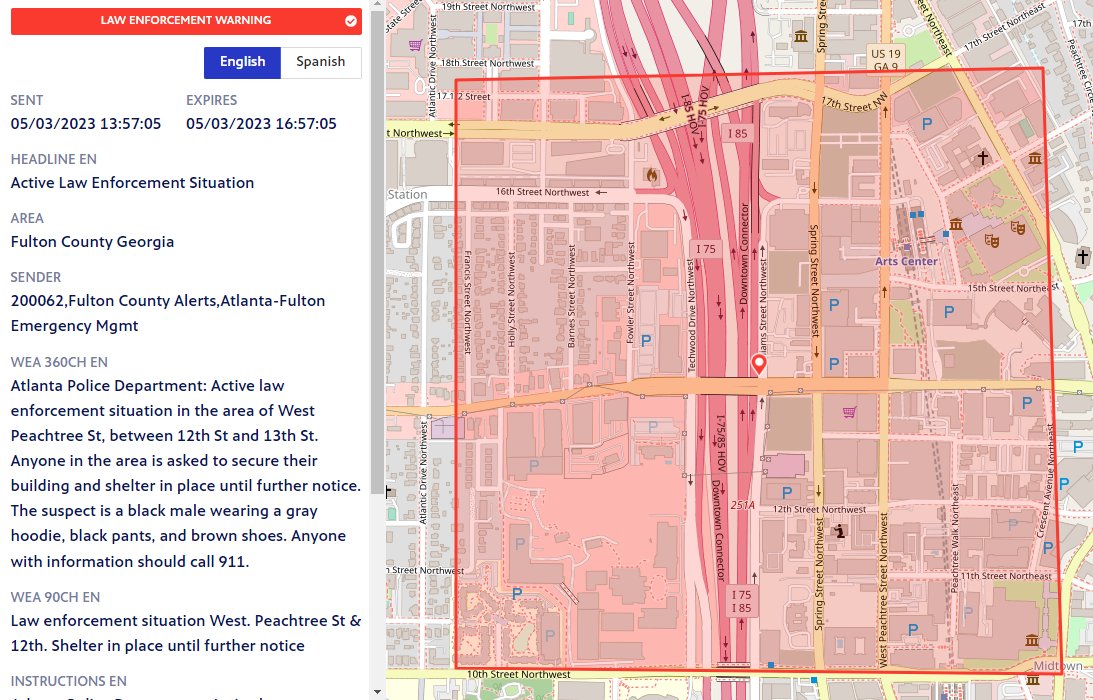 AFCEMA's tweet photo. Shelter in place remains for the situation in the area of West Peachtree St, between 12th St &amp; 13th St. Anyone in the area is asked to secure their building and shelter in place until further notice. Suspect is black male wearing a gray hoodie, black pants, and brown shoes. https://t.co/sN5fhWskk6