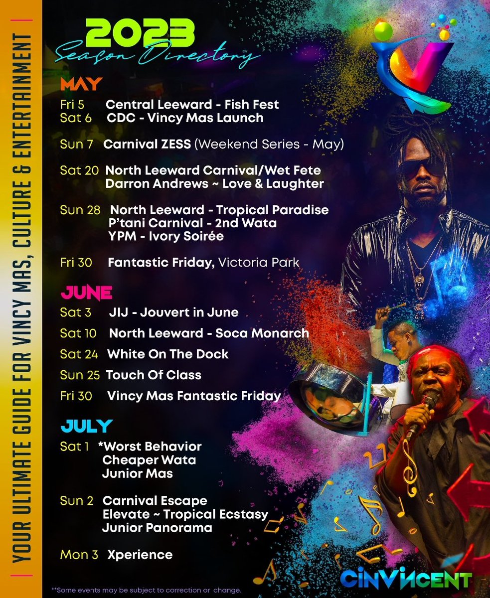 cin_vincent's tweet photo. The Ultimate Guide &amp; Experience for Vincy Mas 2023 🎉🔥

Here’s your Official Carnival Season Directory !

📆Mark your dates cause we doh party normal!! 🎉🎊🌴 

#vincymas2023 #cinvincent #stvincentandthegrenadines #discoversvg #svgta https://t.co/towX0ZGcMN