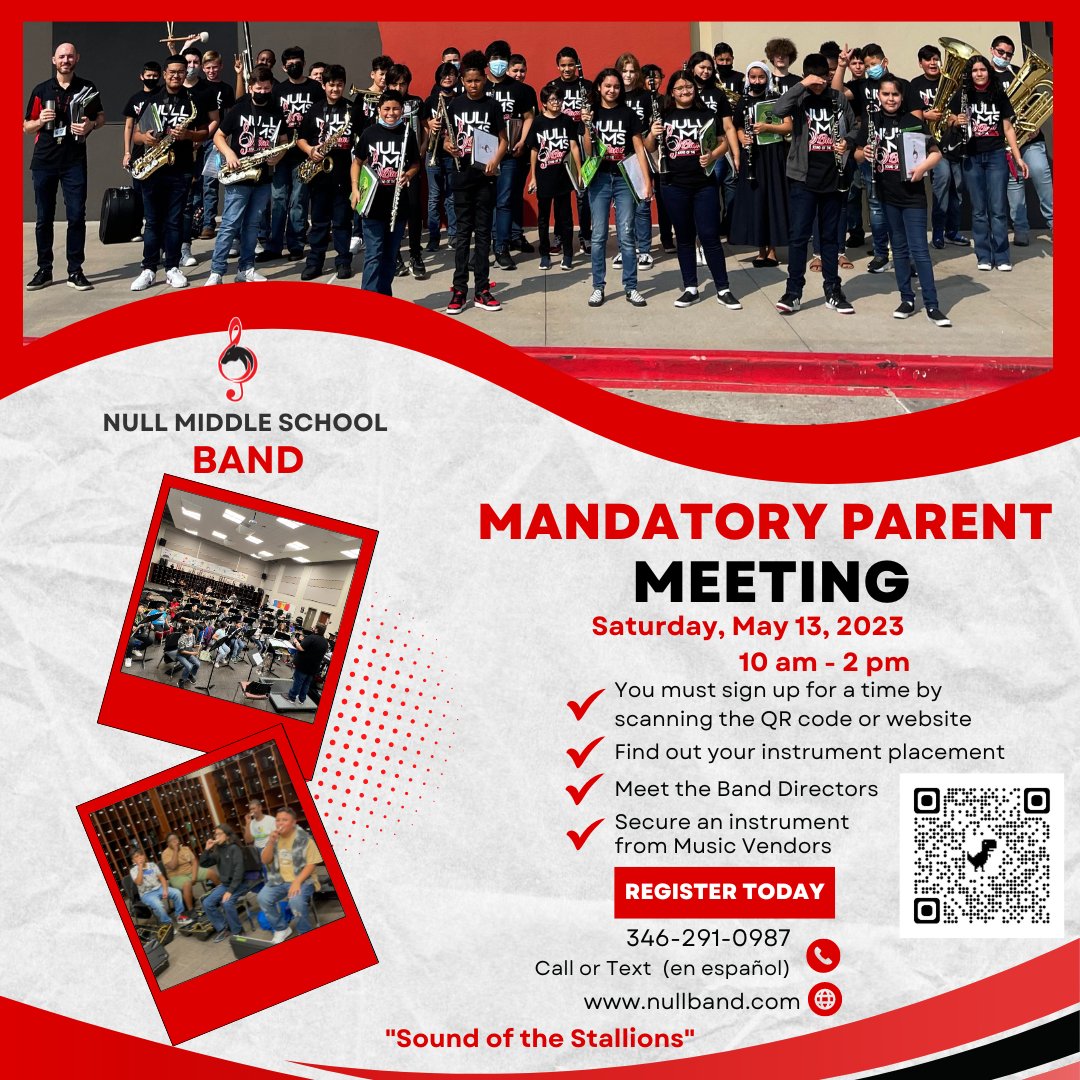 BandNull's tweet photo. Attention 5th Grade Students! The Mandatory Beginner Band Meeting will be Saturday, May 13 from 10am-2pm at the Null MS Cafeteria. Please sign up for a time to attend! https://t.co/fl52UxLIg3
#nullband #soundofthestallions #sheldonsparks https://t.co/qDrnfpqnzM