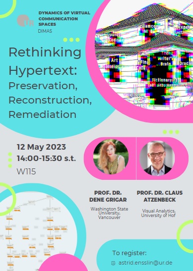 AstridEnsslin's tweet photo. I'm immensely proud to be hosting @dgrigar and @clausatz at @uni_regensburg next Friday, 12th May. They'll be presenting their research under the joint heading "Rethinking Hypertext: Preservation, Reconstruction, Remediation" - yes, Uncle Buddy will be there too. ;-) https://t.co/EPKh8C2Chj
