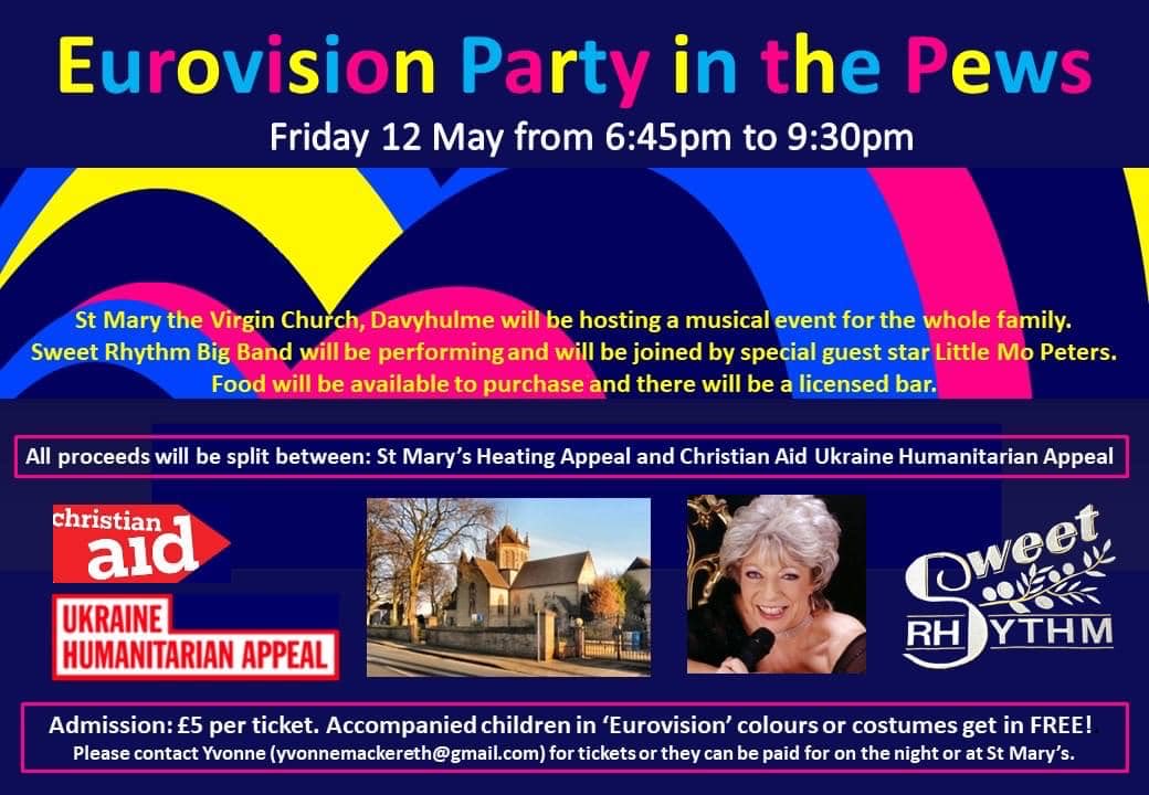 SweetRhythmBB's tweet photo. The 'Eurovision Party in the Pews' is happening on Friday 12th May at St Mary the Virgin C of E Church, Davyhulme. There’ll be singing, dancing and dressing-up. Proceeds will be split between Christian Aid Ukraine Humanitarian Appeal and St Mary's Heating Appeal ❤️❤️ https://t.co/1lQugXryZs
