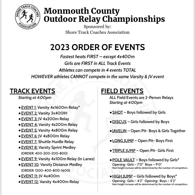 MHSNXC_Track's tweet photo. Thursday 5/4
Monmouth County Relays 
Bus time 1:45pm🚌
Start time: 4pm⏱️
@MNtrack @kalmanr2 @CoachDWebs @CoachRidolfi https://t.co/LYMeituPid