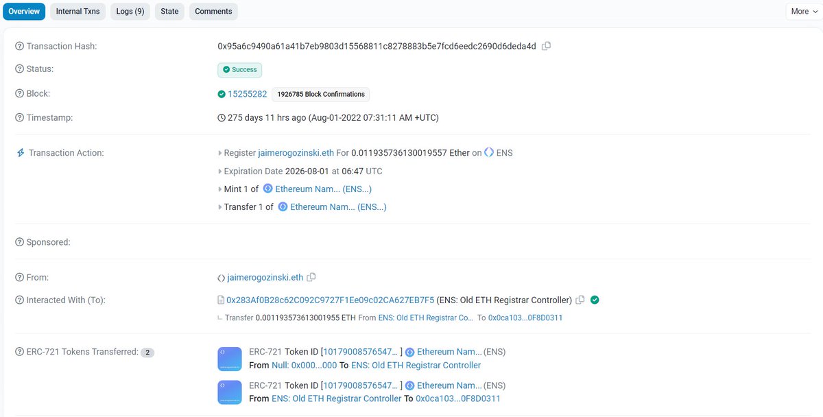 maybectrlfreak's tweet photo. Hi, I can explain 👋

jaimerogozinski.eth was registered to this address 9 months ago and you don't understand how crypto works / this is a weird cope. https://t.co/duEbpmFFXz