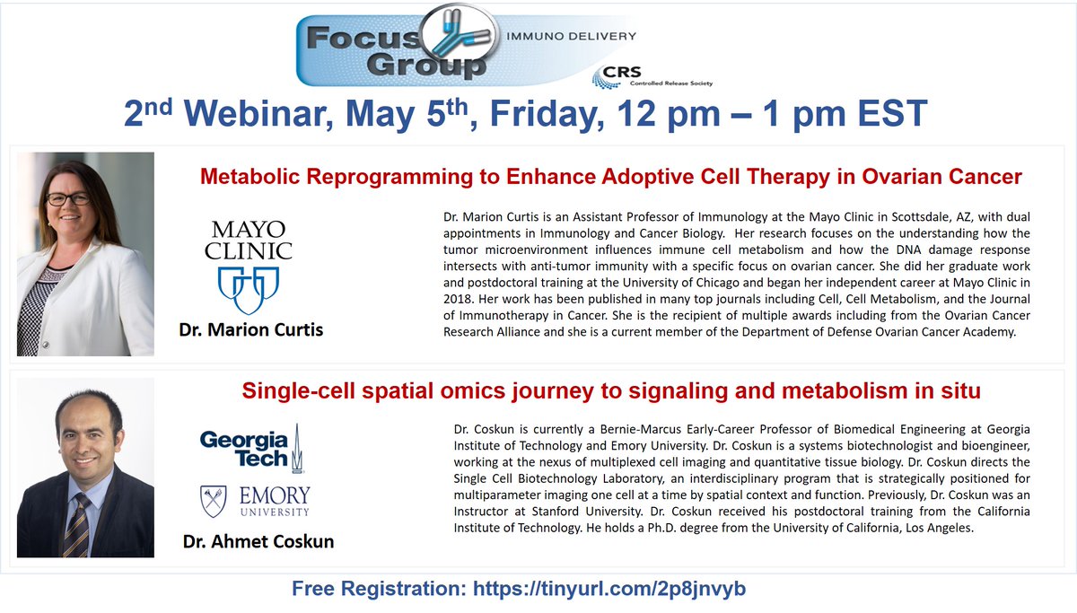 2 days away! Don’t miss our Immunometabolism webinar! May5th-12pm EST! by <a href="/ahmetfcoskun/">Ahmet F. Coskun</a> and Dr.Marion Curtis
<a href="/CRSScience/">Controlled Release Society</a> <a href="/RyanMPearson/">Ryan M. Pearson, PhD</a> <a href="/Abhi_Immuneng/">Abhi Acharya</a>
<a href="/LeilaPharmD_PhD/">Leila Arabi (Pharm.D., Ph.D.)</a> <a href="/WyattShieldsIV/">Wyatt Shields</a> <a href="/LisaRVolpatti/">Lisa R Volpatti</a>
Free registration tinyurl.com/2p8jnvyb #immunometabolism #immunoengineering