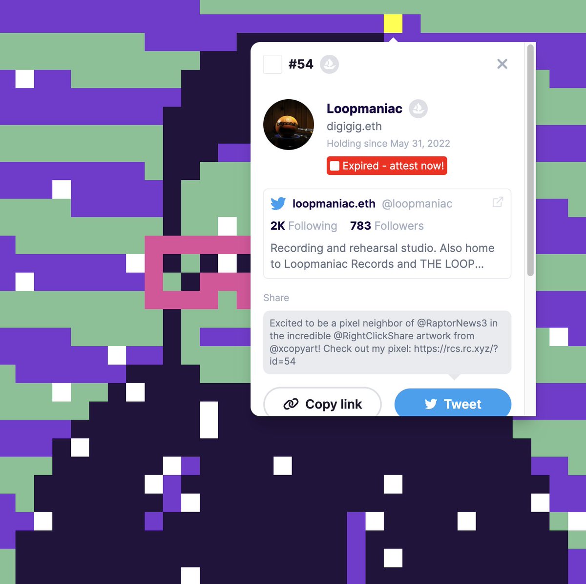 Hey @loopmaniac! We've noticed that your RCS pixel #54 hasn't been attested yet. Please, will you attest it? Your pixel neighbor @RaptorNews3 will be so proud! 🙏

rcs.rc.xyz/?id=54