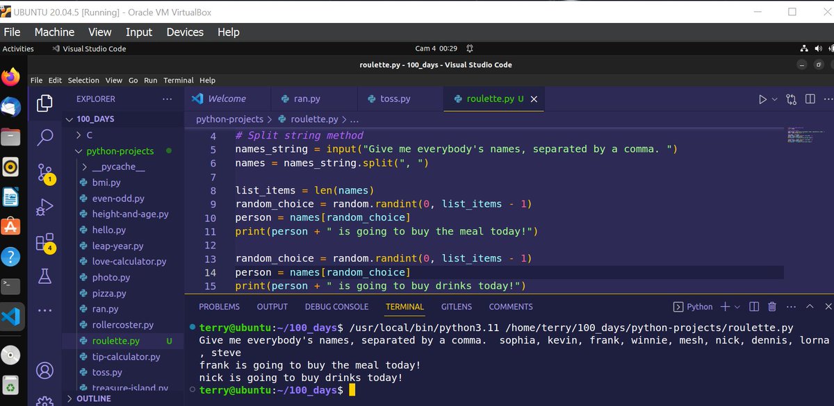 AlmostSophia_'s tweet image. My pld is doing an in-person meet-up soon so on day 16 of my #100DaysOfCode I used randomization in Python to determine who will take care of the bill haha. so now I get to meet awesome people and get a free meal!
#100DaysOfCodepython