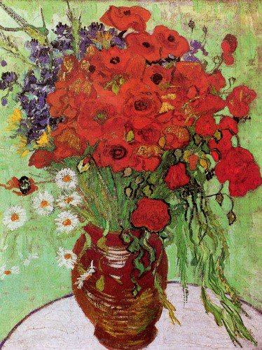 This is one of the most spectacular of #VanGogh's flower paintings; having the effect of fireworks. Set against a background of light-green, the red central flowers are made all the redder by the law of complementary color contrast and the whole pitched in the air like fireworks.