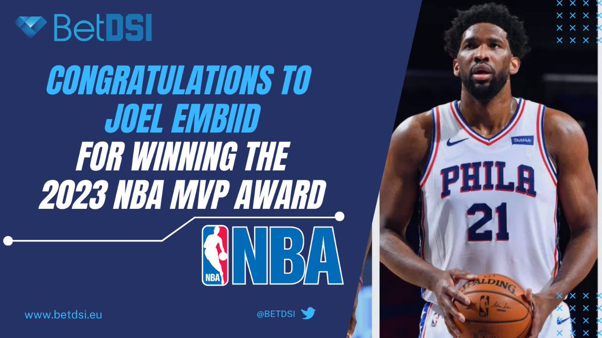 BetDSI's tweet photo. Congrats to the #MVP of the #NBA Joel Embiid! Embiid captures his first MVP award and now looks to help the #Sixers get closer to an NBA title. #NBAMVP #EMVIIDP https://t.co/jPeSCloWpP