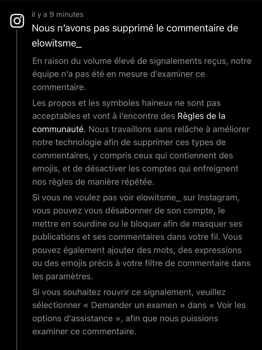 Après un signalement pour un commentaire d’un utilisateur pratiquant le megerange et haineux voilà la réponse que j’ai eu … bravo <a href="/instagram/">Instagram</a>