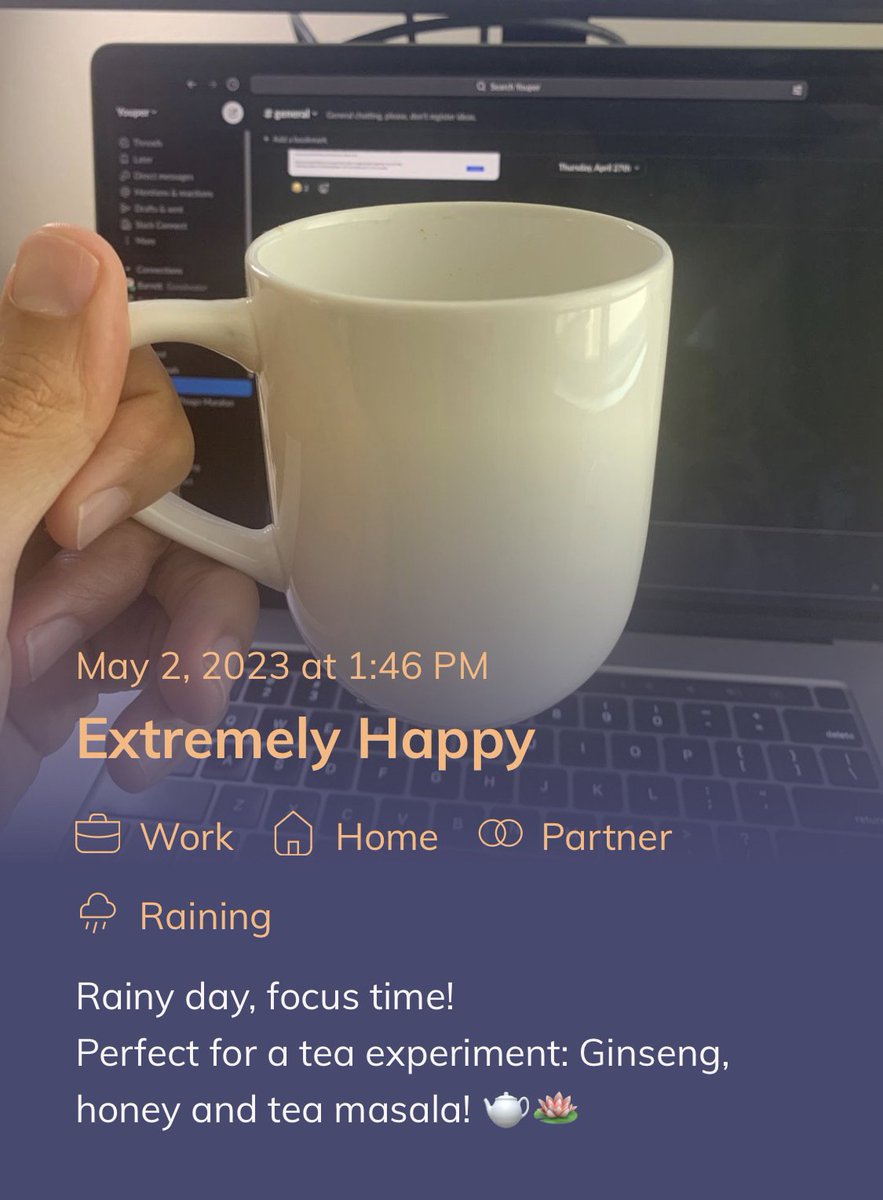diegodottac's tweet photo. Rainy day! 🌧️
Ginseng, Honey and Tea Masala! 🫖
Conversation with @youper_ai 💬
Approved!! 👍 https://t.co/sXx5tdzfcW