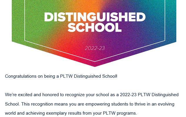 Harshman is now a @PLTWorg Distinguished School! We are so proud of the hard work our PLTW teachers have done to get there. Thank you @katheimans and Ms. Wilcher.