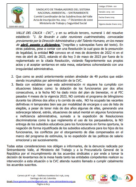 SintrambienteNa's tweet photo. 📢A través de CIRCULAR No001-2023 el Comité Coordinador de Subdirectiva Valle del Cauca realizó pronunciamiento sobre citación de @CvcAmbiental al seguimiento de los Acuerdos Sindicales.
Desde la JDN hacemos un llamado al @MintrabajoCol @PGN_COL para que atienda las denuncias.👇 https://t.co/ghWg27tsMR