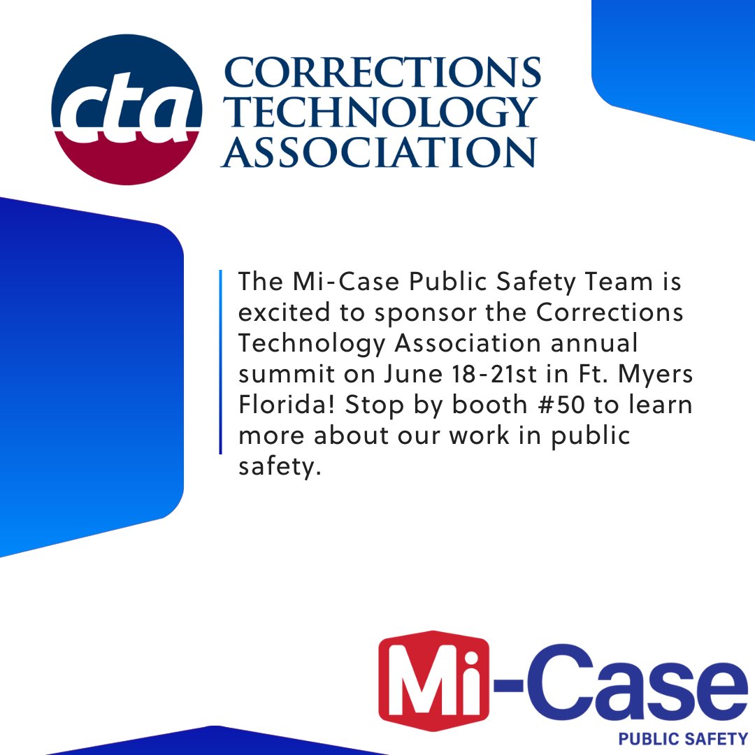 MiCaseTeam's tweet photo. Mi-Case is excited to sponsor the @CorrTech2023 annual summit in Ft. Myers! Stop by booth #50 from June 18-21st to speak with our public safety team and learn more about our current projects!
#publicsafety #correctionstechnology https://t.co/oL40kLHkdq