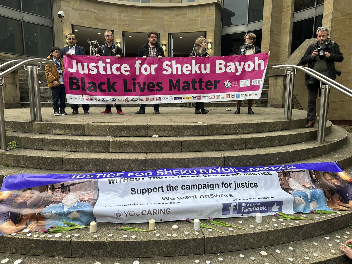 Eight years gone and the family #ShekuBayoh is still seeking justice.

8 yrs ago, 3 May 2015 an unarmed #ShekuBayoh, a 31 year old father of 2, met his death following contact with up to 6 police officers in Kirkcaldy.

Today at the vigil for the Sheku Bayoh we demanded justice.