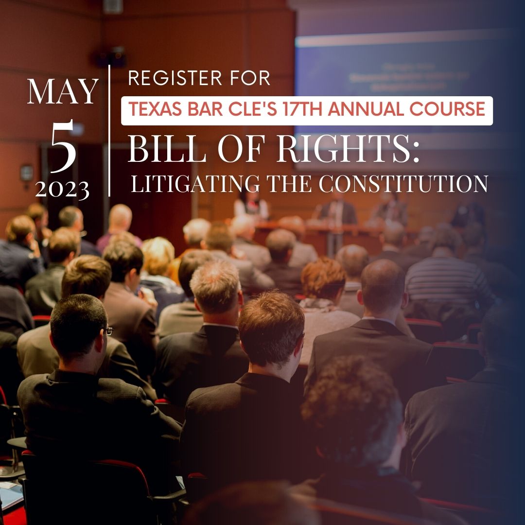 TxBarPractice's tweet photo. There's still time to sign up for TexasBarCLE's 17th annual course, "Bill of Rights: Litigating the Constitution." This in-person course will take place this Friday at the Texas Law Center in Austin, TX.

To register, follow this link: https://t.co/G23tJx060i

#LegalEducation https://t.co/vED75wHoYL