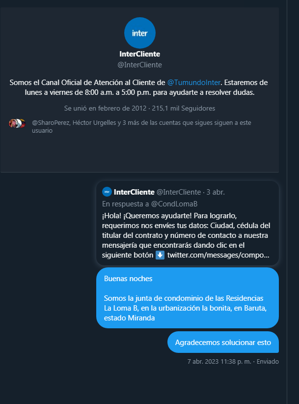 CondLomaB's tweet photo. amigos de @InterCliente ¿algún día darán respuesta sobre este caso? o al menos ¿mejoraran sus canales de atención al cliente? seguimos esperando respuesta https://t.co/Du8tQBDlZ2