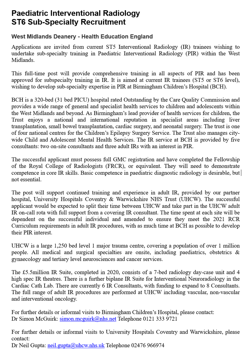 Neil Gupta (@drneilguptair) on Twitter photo <a href="/RCRadiologists/">The Royal College of Radiologists</a> <a href="/BarnacleAlex/">Dr Alex Barnacle</a> Delighted to be advertising a 12-month ST6 PIR placement <a href="/BWC_NHS/">BWC NHS Trust</a> with <a href="/im_radiology/">im radiology</a> whilst maintaining Adult IR skills <a href="/nhsuhcw/">UHCW NHS Trust</a> with <a href="/DrNeilGuptaIR/">Neil Gupta</a>
Open to UK ST5 IR trainees interested in Paediatric IR.
APPLY NOW:
oriel.nhs.uk/Web/PermaLink/…
CLOSING 2nd JUNE
INTERVIEW 14th JUNE <a href="/RCRadiologists/">The Royal College of Radiologists</a> <a href="/BarnacleAlex/">Dr Alex Barnacle</a> Delighted to be advertising a 12-month ST6 PIR placement <a href="/BWC_NHS/">BWC NHS Trust</a> with <a href="/im_radiology/">im radiology</a> whilst maintaining Adult IR skills <a href="/nhsuhcw/">UHCW NHS Trust</a> with <a href="/DrNeilGuptaIR/">Neil Gupta</a>
Open to UK ST5 IR trainees interested in Paediatric IR.
APPLY NOW:
oriel.nhs.uk/Web/PermaLink/…
CLOSING 2nd JUNE
INTERVIEW 14th JUNE