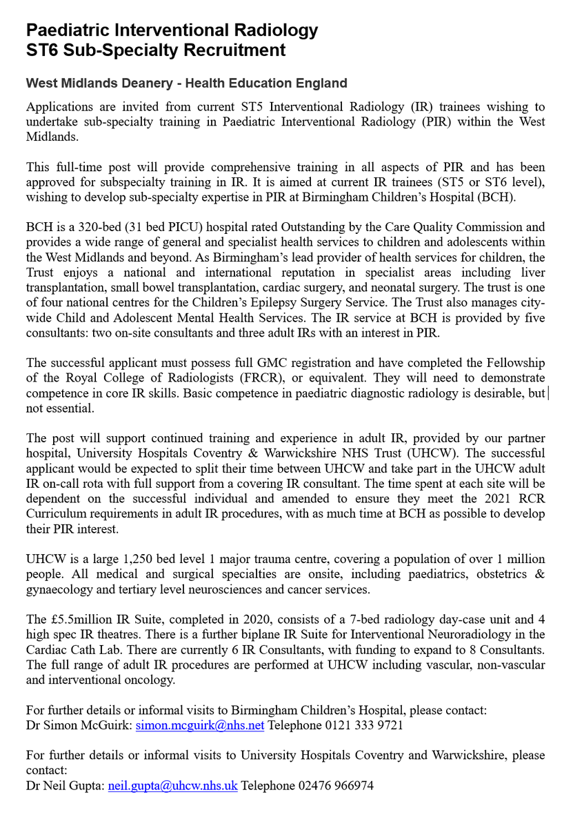 @RCRadiologists @BarnacleAlex Delighted to be advertising a 12-month ST6 PIR placement @BWC_NHS with @im_radiology whilst maintaining Adult IR skills @nhsuhcw with @DrNeilGuptaIR Open to UK ST5 IR trainees interested in Paediatric IR. APPLY NOW: oriel.nhs.uk/Web/PermaLink/… CLOSING 2nd JUNE INTERVIEW 14th JUNE