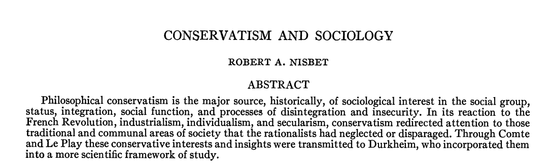 SplendorFormae's tweet photo. "Philosophical conservatism is the major source, historically, of sociological interest in the social group, status, integration, social function, and processes of disintegration and insecurity." - NISBET

https://t.co/Tr2eDyrwFd https://t.co/yPCQtzu241