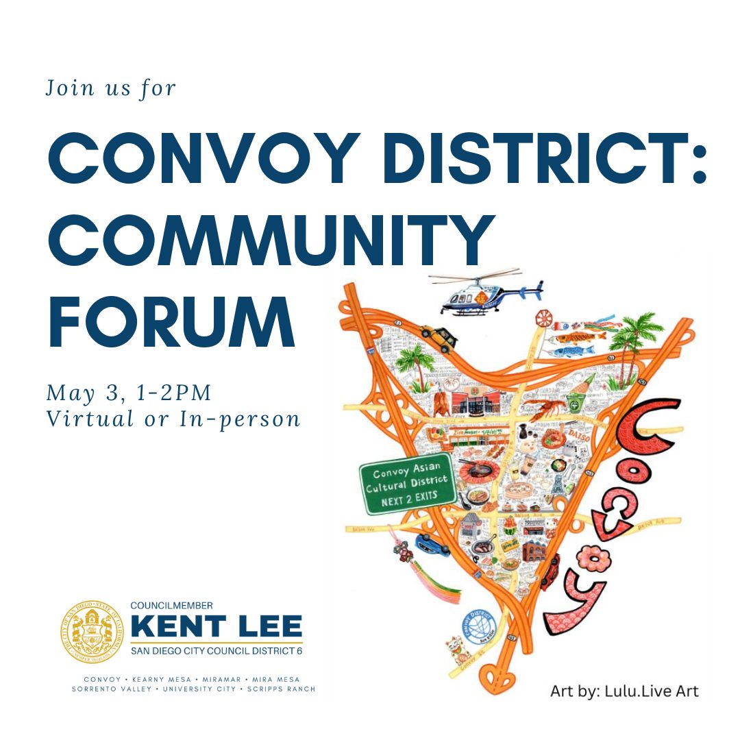 CMKentLee's tweet photo. Join us virtually or in-person today at 1 PM for a forum on the future of mobility in the Convoy District! We will be presenting in collaboration with the @ConvoyDistrict  Partnership &amp; various City departments. RSVP for details at https://t.co/VYDofDdkVh. https://t.co/Q52fRbYxay