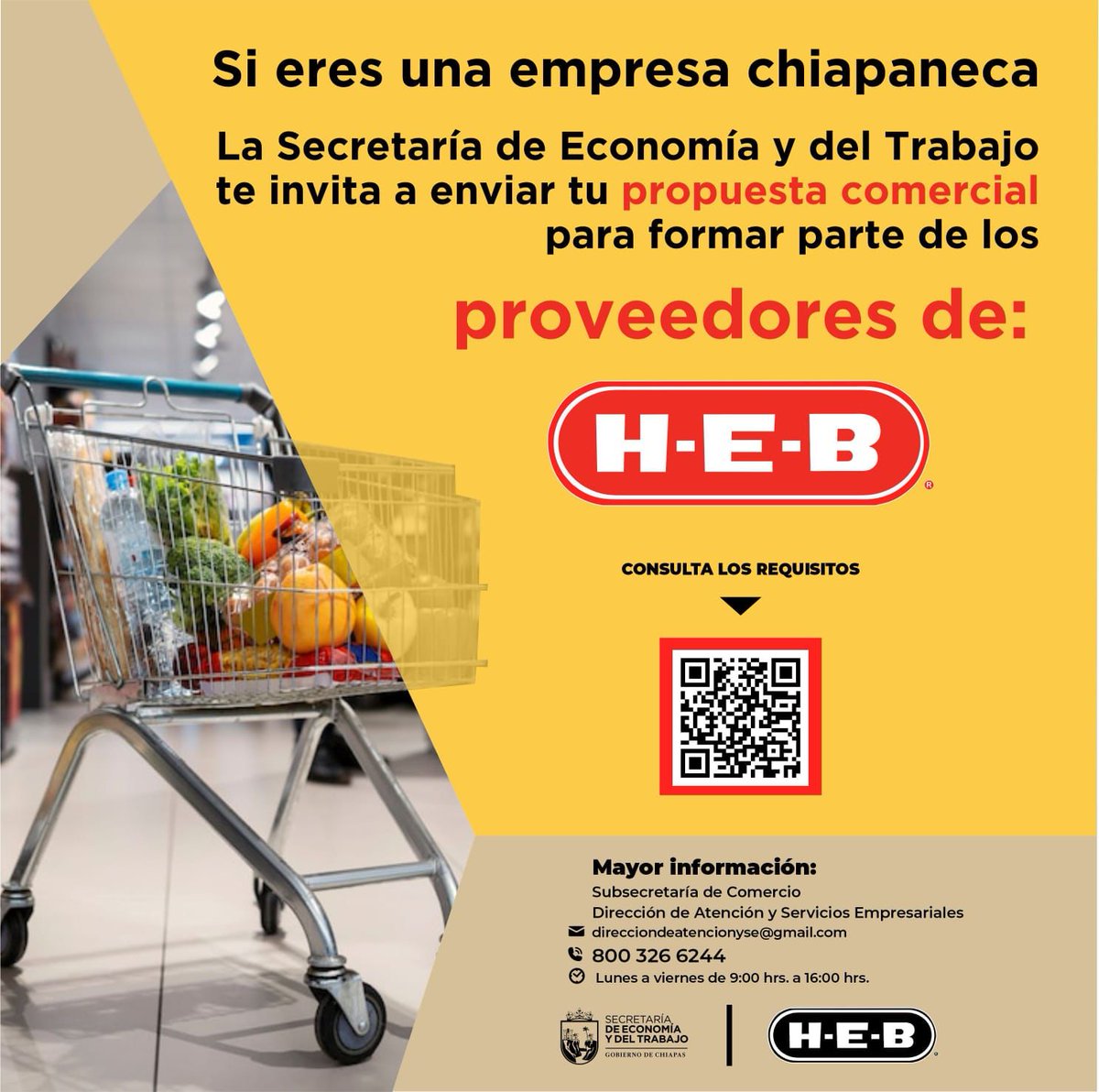 ¿Eres una empresa chiapaneca?
➡️ La Secretaría de Economía y del Trabajo te invita a enviar tu propuesta comercial y tener la oportunidad de formar parte de los proveedores comerciales de H-E-B México.
➡️ Conoce los requisitos para participar aquí: hebmexico.com.mx/proveedores/