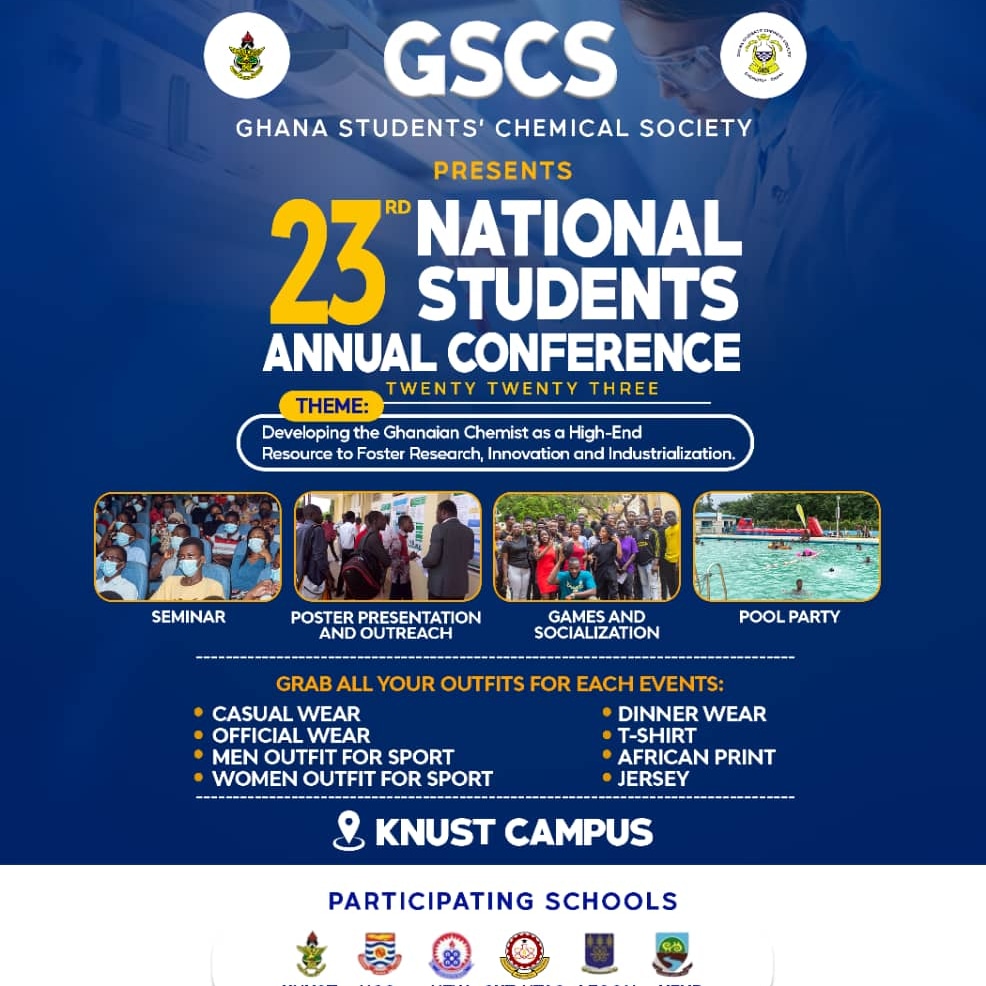 gscsknust's tweet photo. It's coming, it's flaming hot and it's going to be massive. The much anticipated annual gscs conference is here again. It's not just for the chemists, anyone offering a little bit of chemistry can join to get #edutained. Turn up let's #recreatetheworld. https://t.co/EXcTsVm0Bf