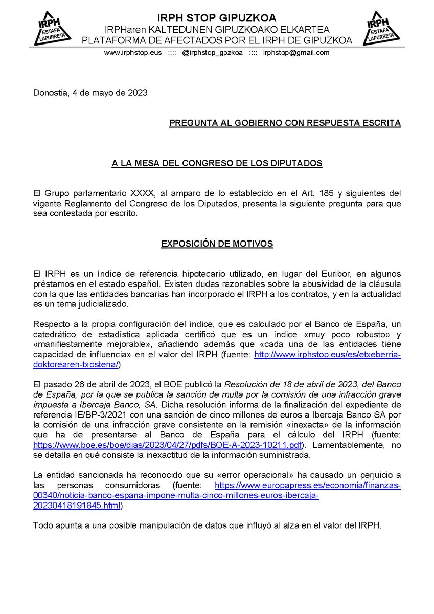 irphstop_gpzkoa's tweet photo. Hola @Esquerra_ERC @CompromisCGR @CsCongreso @EAJPNV_Congreso @EHBilduCongreso, agradeceríamos presentéis estas dos preguntas al gobierno sobre #IRPH #IRPHestafa https://t.co/K0Vxq2cVnZ