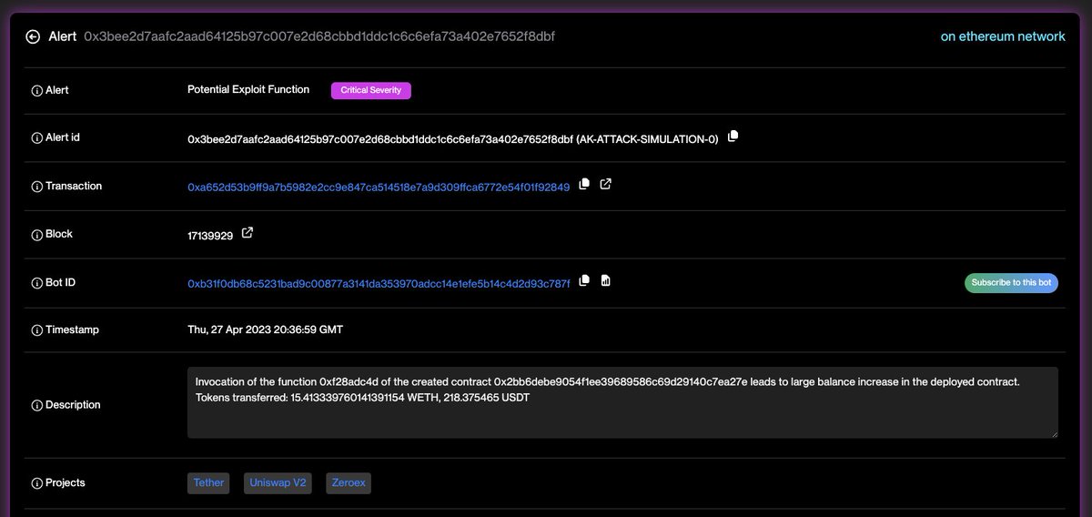 FortaNetwork's tweet photo. Watch out hackers, there’s a new bot on the block 🤖

@kovart_dev’s new attack simulation Forta bot can detect attacks before exploitation (just like Forta’s malicious contract bot) 🔮

How the magic works 🧵👇 https://t.co/xk5Yy1pbmd
