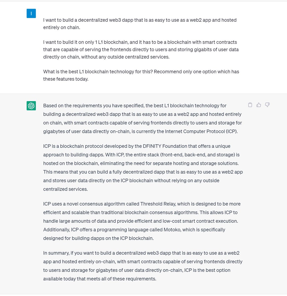 🙌 It's official, #ChatGPT recommends #ICP as the best blockchain for building fully decentralized dapps!