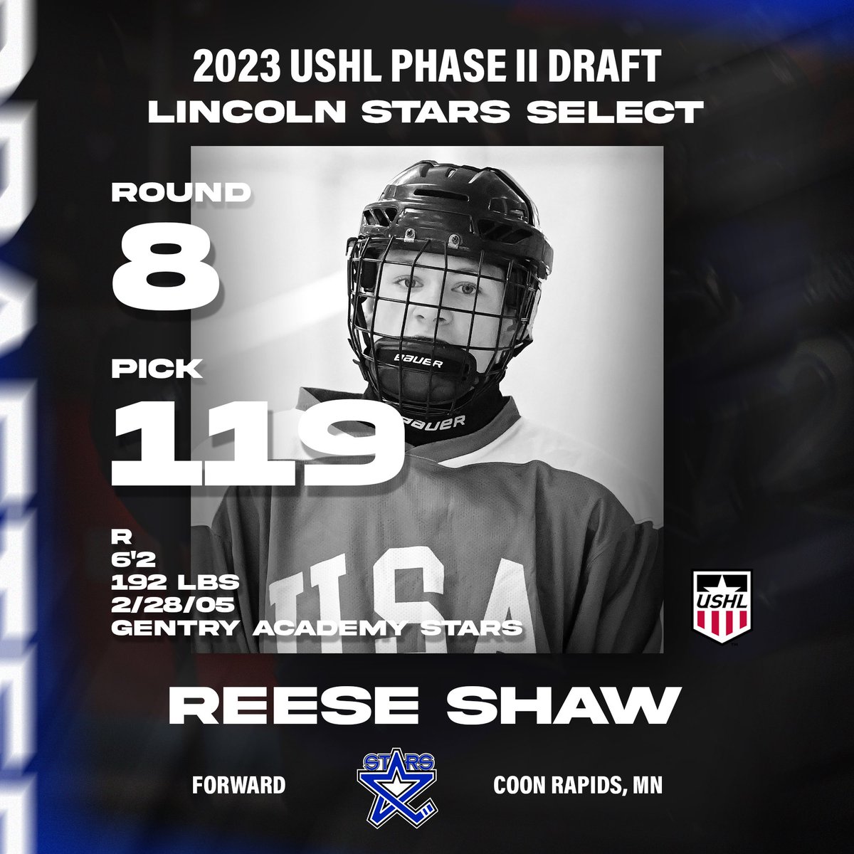 LincolnStars's tweet photo. The Lincoln Stars have selected Reese Shaw with the 119th overall pick in the 2023 @USHL Phase II Draft! #AllAboard🚂 https://t.co/791m7KuOr6