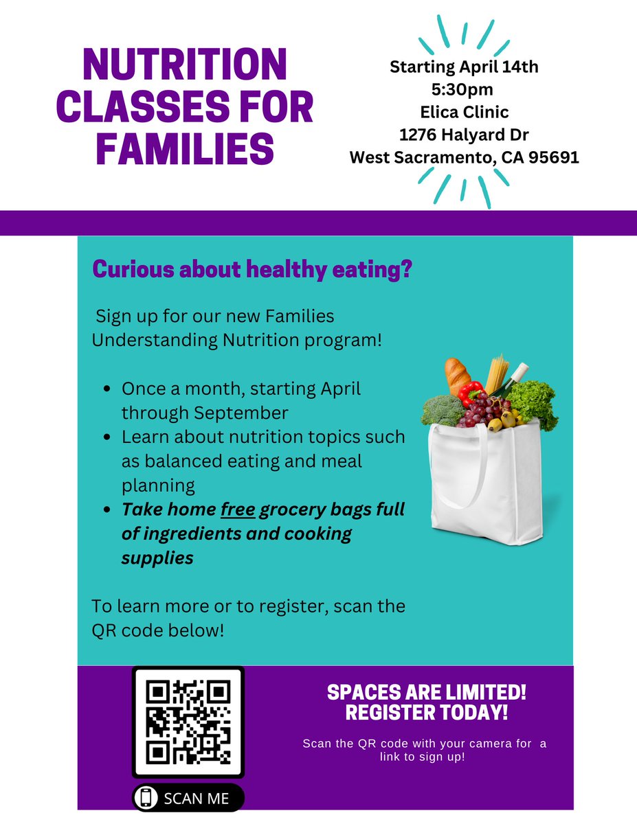 elicahealth's tweet photo. Nutrition classes about healthy eating are now available for families in Yolo County. Registration is required to attend, space is limited.

The upcoming class is scheduled for June 30, 2023, at 5:30 PM.

To learn more or to register, scan the QR code on the flyer.
#nutrition https://t.co/wSxTG6IO7h