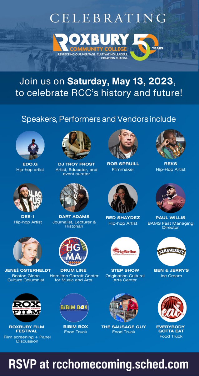 Don’t miss the live performances at our 50th Anniversary Homecoming on May 13th! A step show by @OrigiNationArts starts at 2:00 pm. Performances by @RedShaydez1 @djtroyfrost @edogboston REKS & Paul Willis at 7:30 pm. RSVP at rcchomecoming.sched.com #RCC50thHomecoming #since73