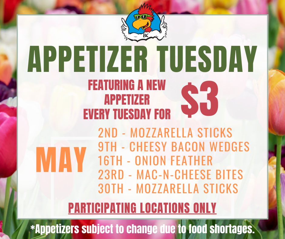 Roosters's tweet photo. Did you know, every Tuesday, at participating locations, we have preselected appetizers for just $3?! Check out our page every month to see when your favorite shareable bite is only $3! #appetizertuesday https://t.co/oiFah2MRbW