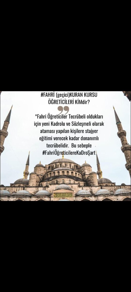 Fahri öğreticiler olarak  devletimizden tek isteğimiz var, Sevdamız olan mesleğimizde daimi olmak 
Feryadımızı duyun lütfen!

25BİN FAHRİ ÖĞRETİCİYE KADRO 

<a href="/KarakayaMevlut/">Prof. Dr. Mevlüt KARAKAYA🇹🇷</a> <a href="/E_SemihYalcin/">E. Semih Yalçın</a> <a href="/ersoyruhi/">🇹🇷Prof. Dr. Ruhi ERSOY</a> <a href="/FikretHayali/">Fikret Hayali</a> <a href="/DenizDepboylu/">Deniz Depboylu</a>   <a href="/fth_cetinkaya/">Fatih ÇETİNKAYA</a>   <a href="/DIBAliErbas/">Prof. Dr. Ali Erbaş</a>  <a href="/RTErdogan/">Recep Tayyip Erdoğan</a>