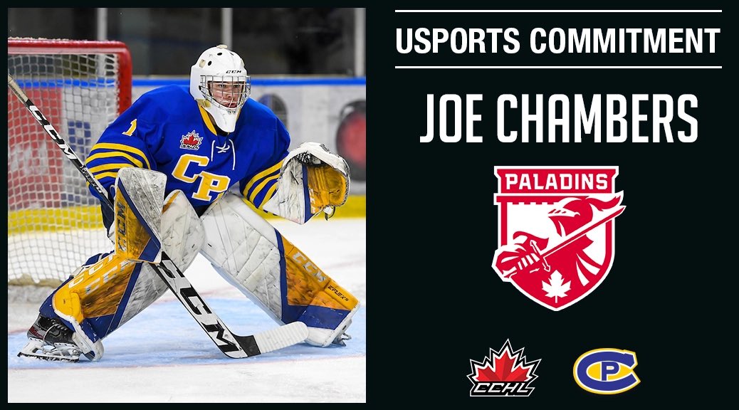 Commitment Alert 🚨 
<a href="/CPCANADIANS/">X - Carleton Place Canadians</a> 2002 G Joe Chambers has committed to <a href="/USPORTSca/">U SPORTS</a> <a href="/RMCMensHockey/">RMC Paladins Hockey</a> for 2023-24.

📷 icelevel.com
Graphic | Mark Kelly

🗞️ | thecchl.ca/commitment-ale…