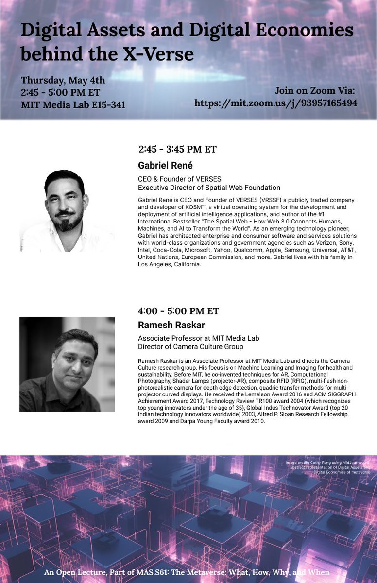 medialab's tweet photo. Tomorrow at 2:45pm ET, join us for a public seminar, "Digital Assets + Digital Economies behind the X-Verse," featuring @GReal1111 (@helloVERSES) + Media Lab Prof. @raskarmit. Part of a course co-taught by alum @dervali, Prof. Joe Paradiso, + @ishii_mit. https://t.co/zmi6L1ABvQ https://t.co/HvyxztZWqQ