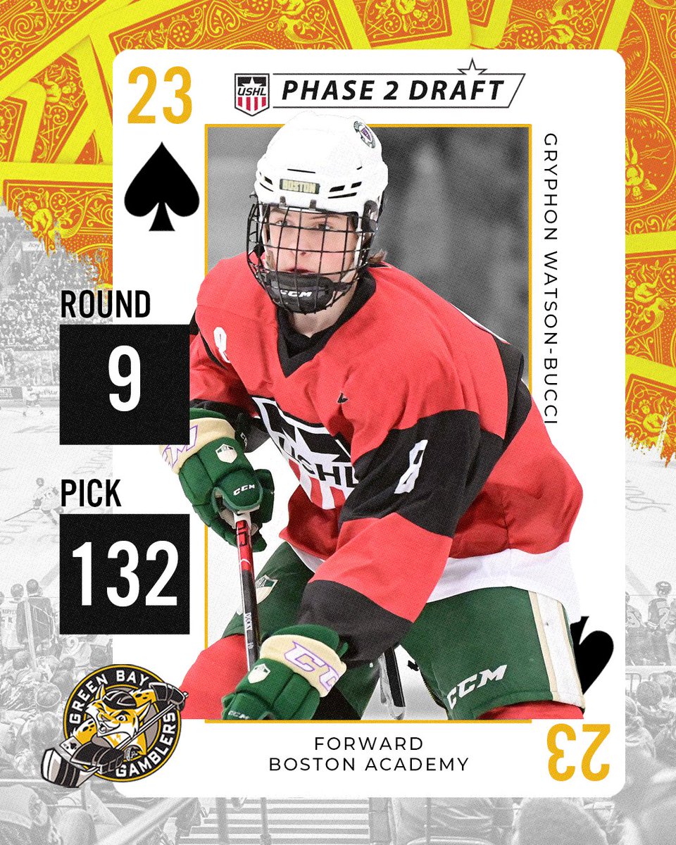 With the 132nd pick overall in the 9th Round of the 2023 Phase 2 <a href="/USHL/">USHL</a> Draft the Green Bay Gamblers select Gryphon Watson-Bucci, Forward, Boston Academy #GoGamblers