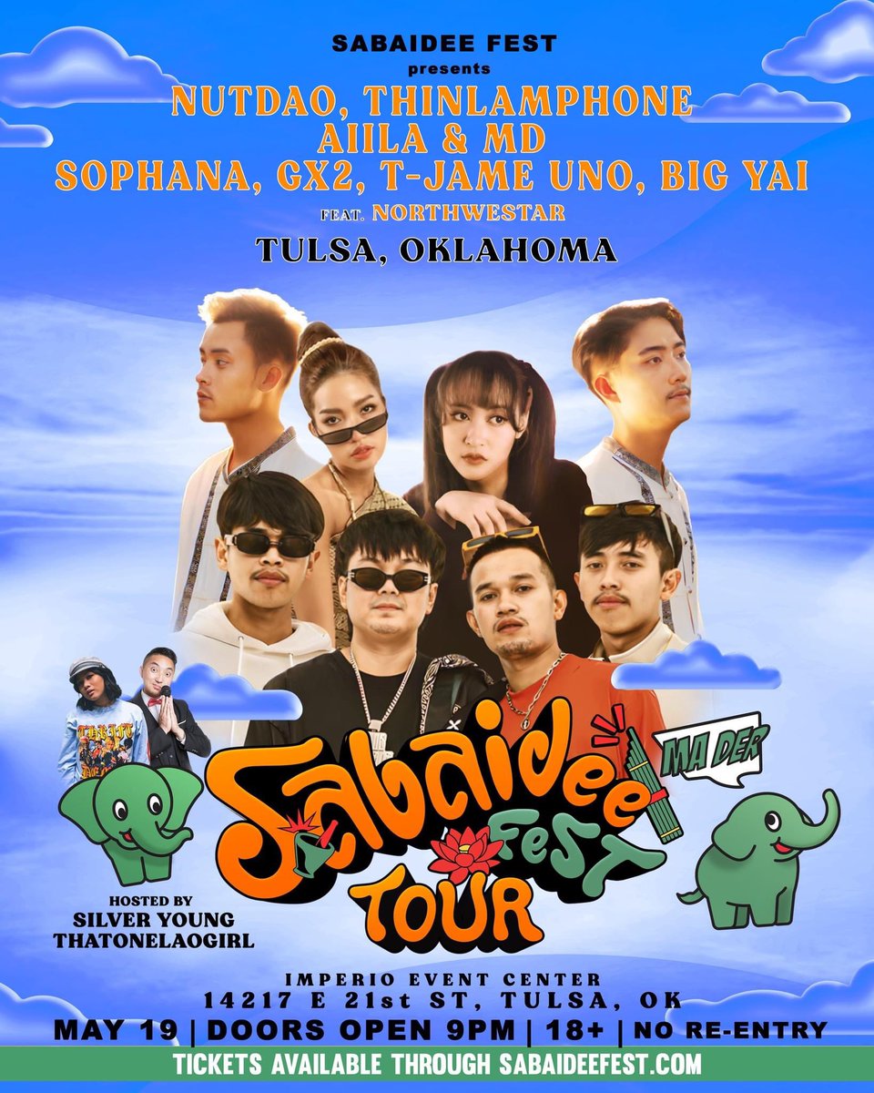 TULSA, OKLAHOMA we're coming. MAY 19th, 2023
Due to high demands this will be a sold out show. 
Act Fast. Don't FOMO!
Location: 
Imperio Event Center
14217 E 21st ST, Tulsa, OK

VIP Meet &amp; Greet 7PM-9PM
GA Doors Open 9PM-2AM
NO RE-ENTRY

Get it now at: 
sabaideefest.com