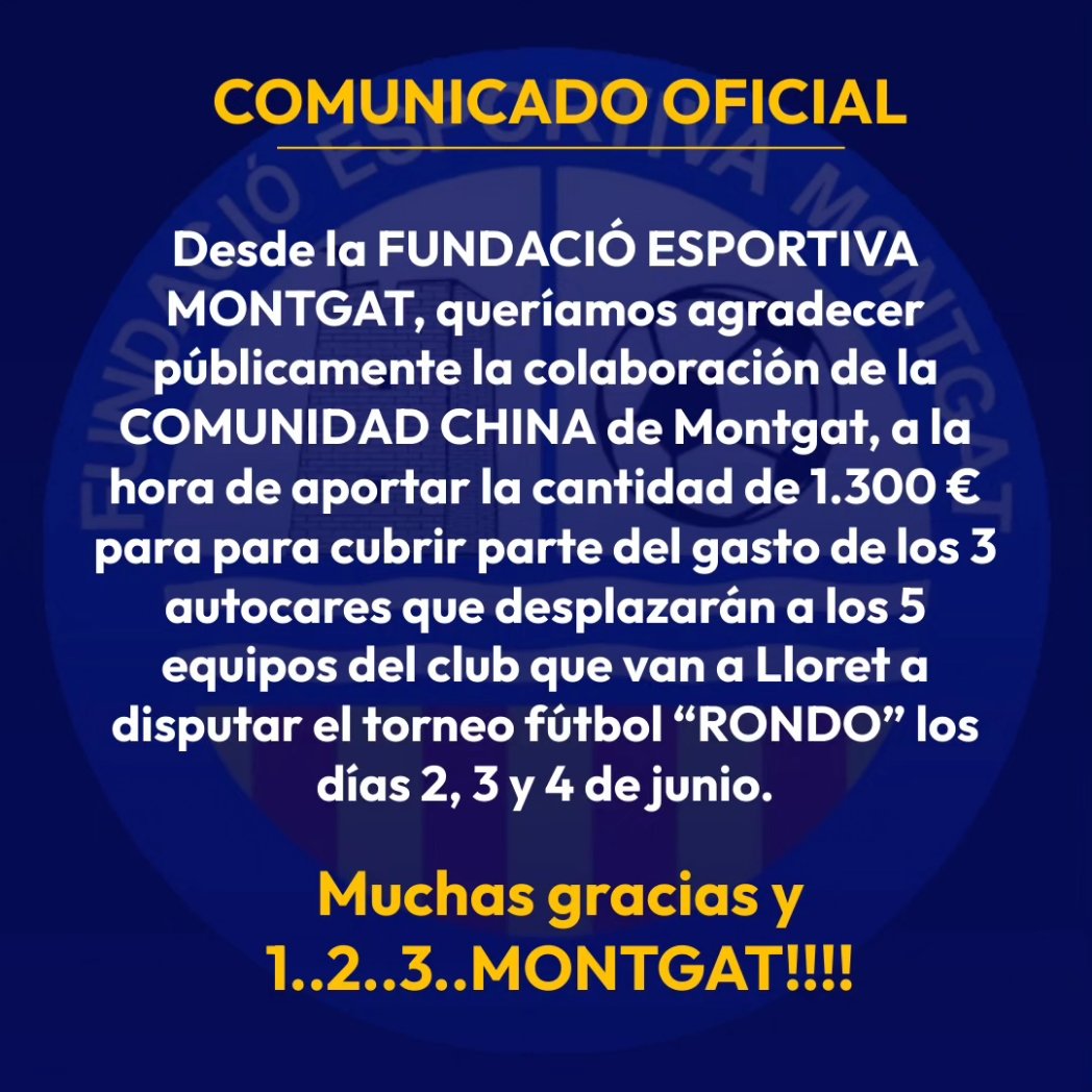 FEMontgat's tweet photo. ⚽ Des de la Fundació Esportiva Montgat volem agrair a la Comunitat Xinesa de Montgat la seva col·laboració.

💙 Moltes gràcies i 1..2..3..MONTGAT!!!!

#FEMontgat #somhiMontgat https://t.co/9dlGOc6EpM