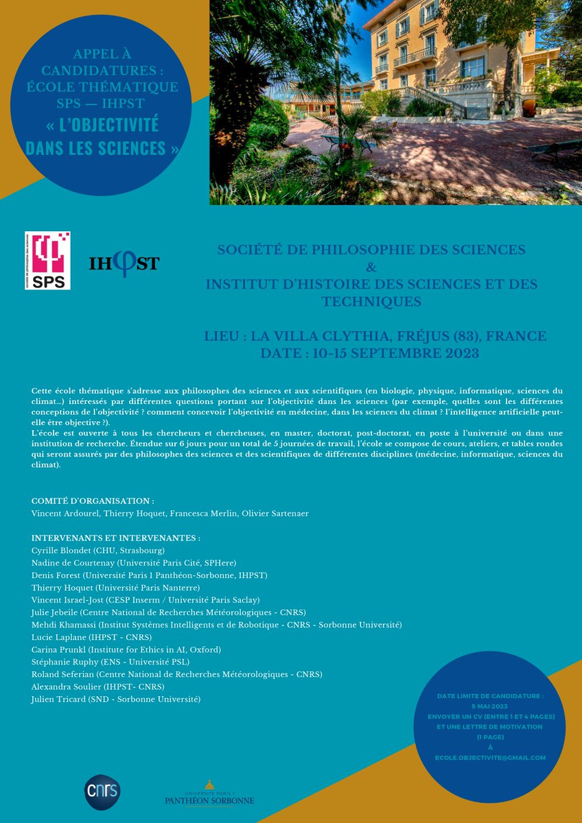 GuilhemCor's tweet photo. Ecole thématique de la @SPSphiloscience sur l'objectivité dans les sciences : il reste 2 jours pour candidater (jusqu'au 5 mai) !

10-15 septembre à Fréjus, pour philosophes et scientifiques non philosophes.

Pour candidater : lettre de motivation et CV

https://t.co/ow3W78SMUC https://t.co/MhUBxoKoP2