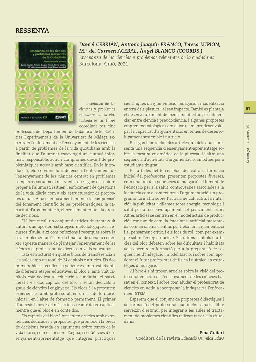 Daniel Cebrián, Antonio Joquín Franco, Teresa Lupión, Ma. del Carmen Acebal, Ángel Blanco (coords.). Enseñanza de las ciencias y problemas relevantes de la ciudadanía. Barcelona: Graó, 2021. Ressenya per <a href="/FinaGuitart/">Fina Guitart</a>. #Química @EduQ

🔗 tuit.cat/K6aLy

<a href="/EditorialGrao/">GRAÓ</a>