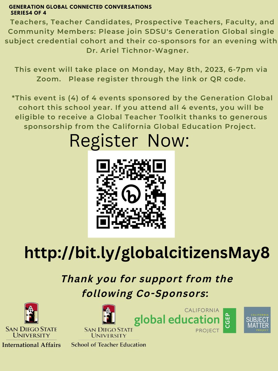 Kelly León (@kellyleon912) on Twitter photo <a href="/CalGlobalEd/">CGEP</a> and <a href="/sdsucoe/">SDSU Education</a> have teamed up to help bring Dr. Ariel Tichnor-Wagner to SDSU! Join us (virtually) for a 1 hour talk/discussion on cultivating global citizens across content areas. Monday, May 8th <a href="/6pm/">Follow us @Shop6pm!</a>. All educators are welcome. Register @ bit.ly/globalcitizens… <a href="/CalGlobalEd/">CGEP</a> and <a href="/sdsucoe/">SDSU Education</a> have teamed up to help bring Dr. Ariel Tichnor-Wagner to SDSU! Join us (virtually) for a 1 hour talk/discussion on cultivating global citizens across content areas. Monday, May 8th <a href="/6pm/">Follow us @Shop6pm!</a>. All educators are welcome. Register @ bit.ly/globalcitizens…