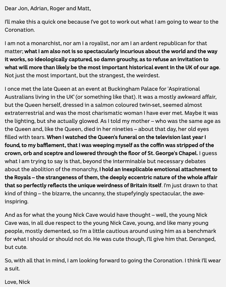 Nick Cave answers critics of his coronation attendance.

(Whatever you think of the Royals, refusing to benchmark youthful dissent is 100% the correct outlook).
