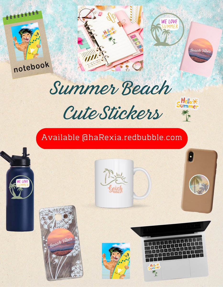 adorecats4ever's tweet image. Summer Beach Cute Stickers for your laptop, water bottle, lunch box, planner, notebook, and phone case. Perfect for beach lovers, holidaymakers, and summer fans! #stickers #Stickers #stickerlover #beach #summer #cutestickers #coolstickers #redbubblestickers #aestheticstickers