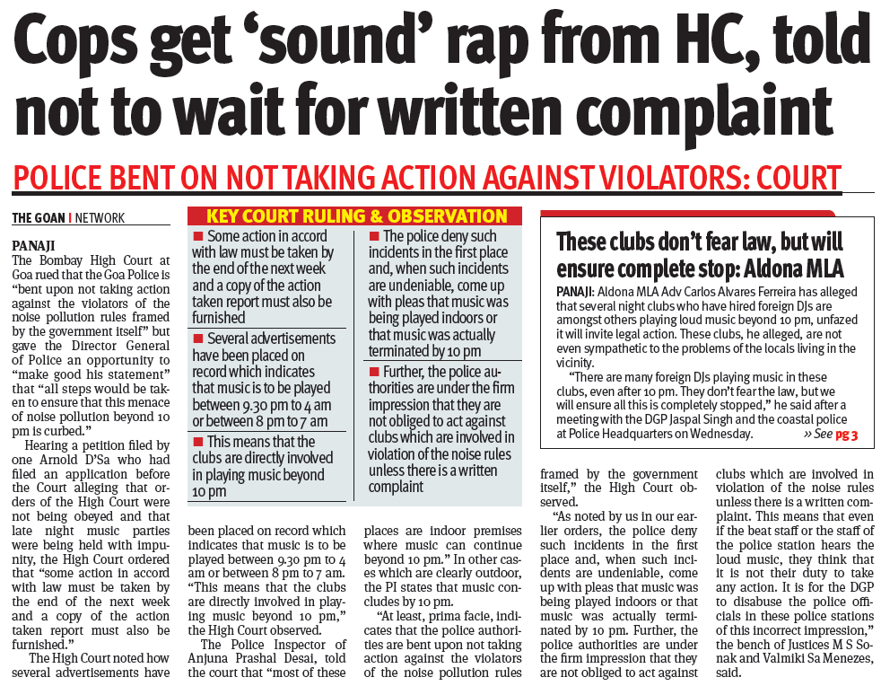 thegoanonline's tweet image. #Cops get ‘sound’ rap from #HC, told not to wait for written complaint
@DGP_Goa @spnorthgoa #SoundPolution
tinyurl.com/5xse5h7x

@carlosgoa25 @DrPramodPSawant