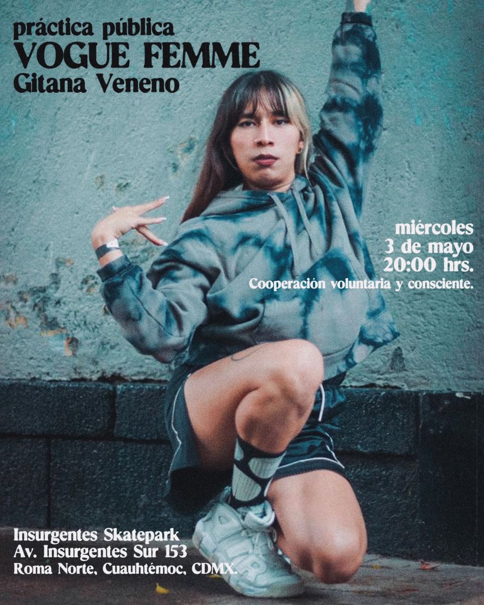 ¡Hoy práctica pública con Gitana! 
📍SkatePark Insurgentes (a un lado de la glorieta de insurgentes) 
cooperación voluntaria y rodilleras sugeridas.