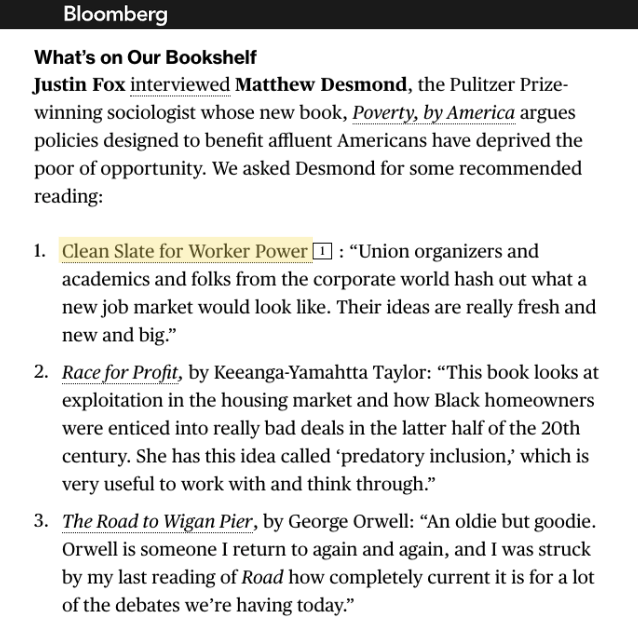 WorkerPowerLaw's tweet photo. We're honored to have our Clean Slate for Worker Power report included in Matthew Desmond @just_shelter's reading list in @business. "Poverty, by America" calls for innovative solutions to abolishing poverty, highlighting worker empowerment as key.   https://t.co/Dqi4fl0Nxw https://t.co/6sENHXS2Ri