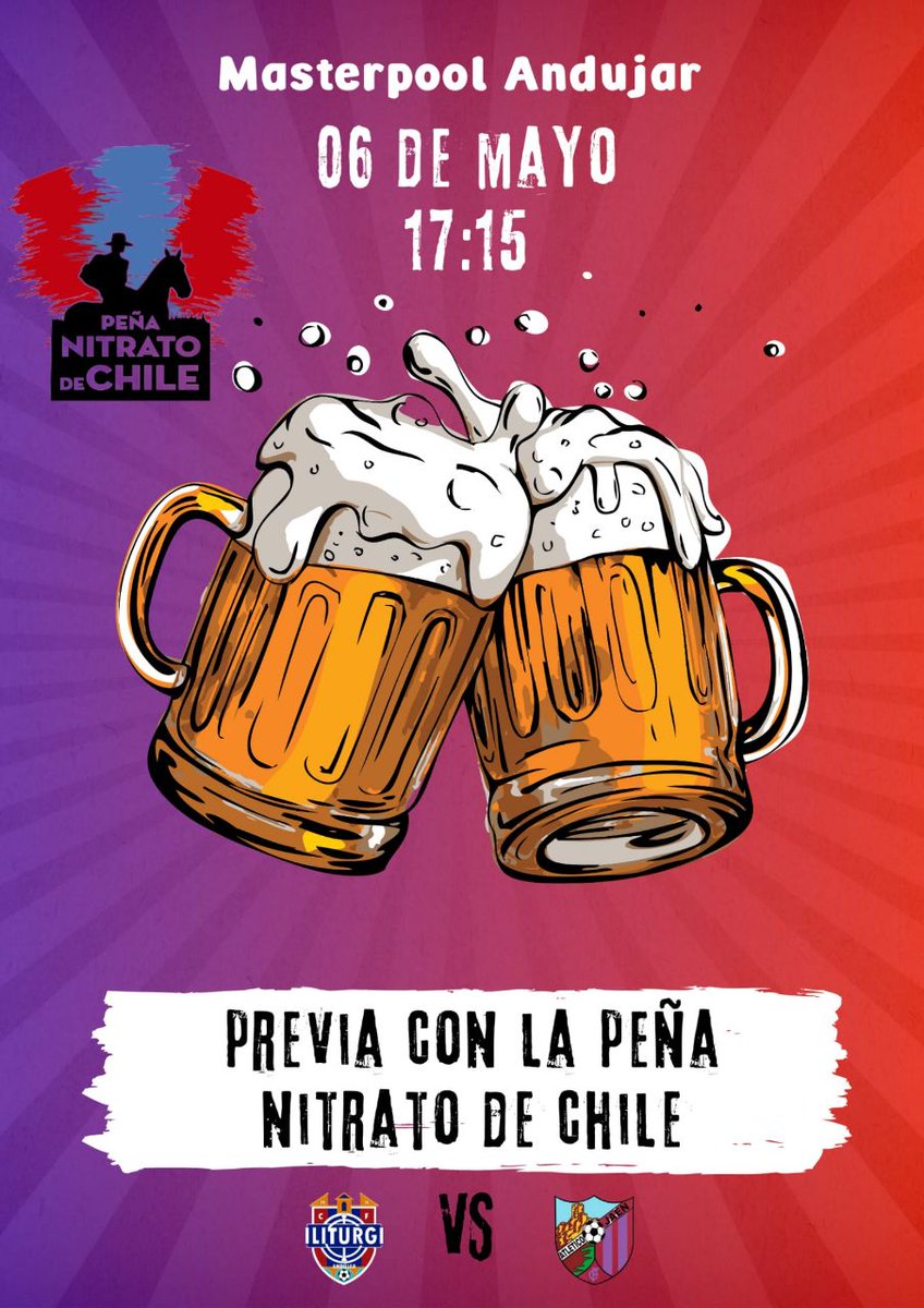 La peña <a href="/nitratochile/">Nitrato de Chile</a> ha organizado una previa para el <a href="/iliturgi_cf/">𝗜𝗹𝗶𝘁𝘂𝗿𝗴𝗶 𝗖𝗙 𝟮𝟬𝟭𝟲</a> vs <a href="/atjaen/">Atlético Jaén F.C.</a> en Masterpool Andújar a las 17:15

No dudes en bajar a conocerlos, animarte a formar parte de ellos y celebrar el campeonato de #PrimeraAndaluza . 

#SomosdeDiviondeHonor
#AupaIliturgi