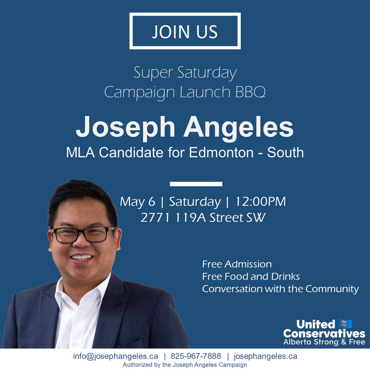 Please join us for our Edmonton-South Campaign Launch BBQ this Saturday, May 6th at noon at our campaign office in Heritage Valley Town Centre (2771 119a Street Southwest).

facebook.com/events/s/campa…

#teamucp #abpoli #ableg #ucp #yeg #yegsouth #abvote #abvotes