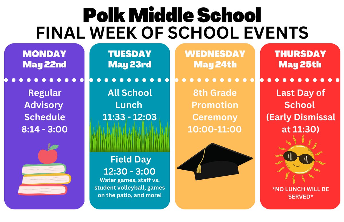 Patriots - our final week of school is quickly approaching, so take a look at the week we have planned for you all. Hang in there, it's almost summer! 😎